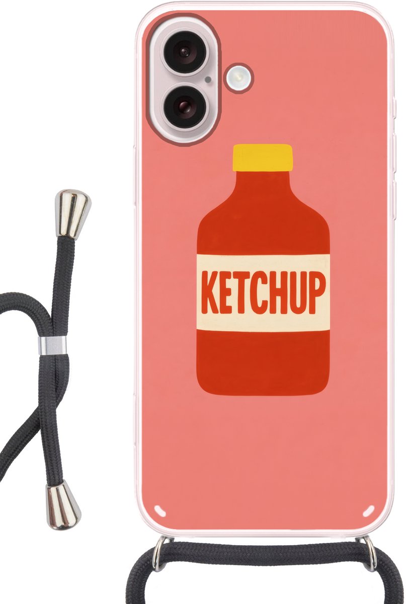 Telefoonhoesje Geschikt voor iPhone 16 - Ketchup - Fles - Rood - Minimalistisch - Siliconen - Crossbody - Backcover met Koord - Telefoonhoesje met koord - Hoesje met touw Telefoonhoesje