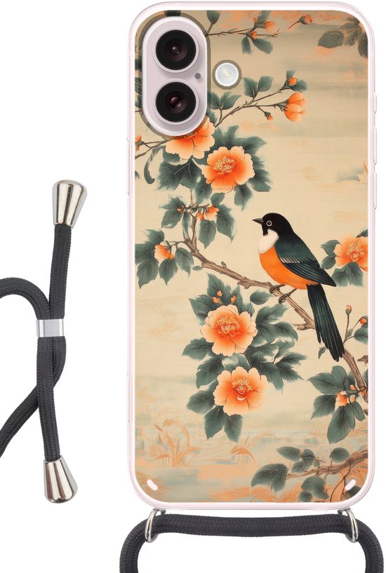 Coque de téléphone rose clair avec un oiseau sur une branche avec des fleurs orange, avec une lanière en bas.