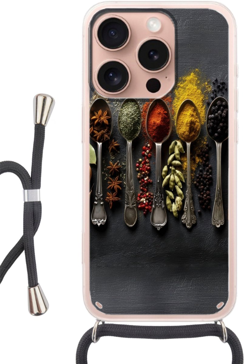 Telefoonhoesje Geschikt voor iPhone 16 Pro - Lepels - Specerijen - Kaneel - Chili - Siliconen - Crossbody - Backcover met Koord - Telefoonhoesje met koord - Hoesje met touw Telefoonhoesje