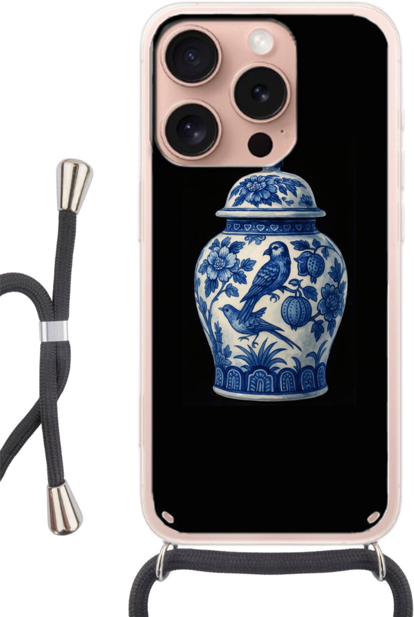 Telefoonhoesje Geschikt voor iPhone 16 Pro - Pot - Delfts Blauw - Bloemen - Siliconen - Crossbody - Backcover met Koord - Telefoonhoesje met koord - Hoesje met touw Telefoonhoesje