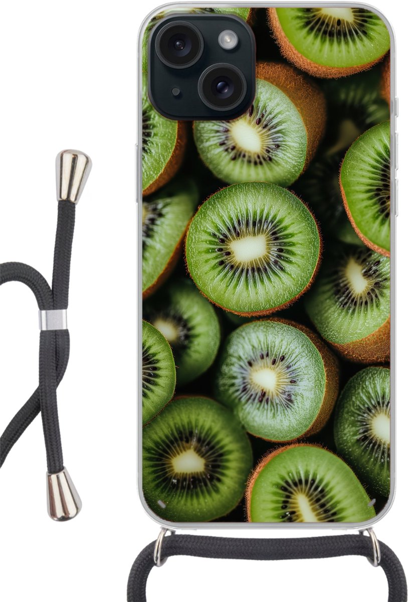 Telefoonhoesje Geschikt voor iPhone 15 Plus - Kiwi - Fruit - Groen - Siliconen - Crossbody - Backcover met Koord - Telefoonhoesje met koord - Hoesje met touw Telefoonhoesje