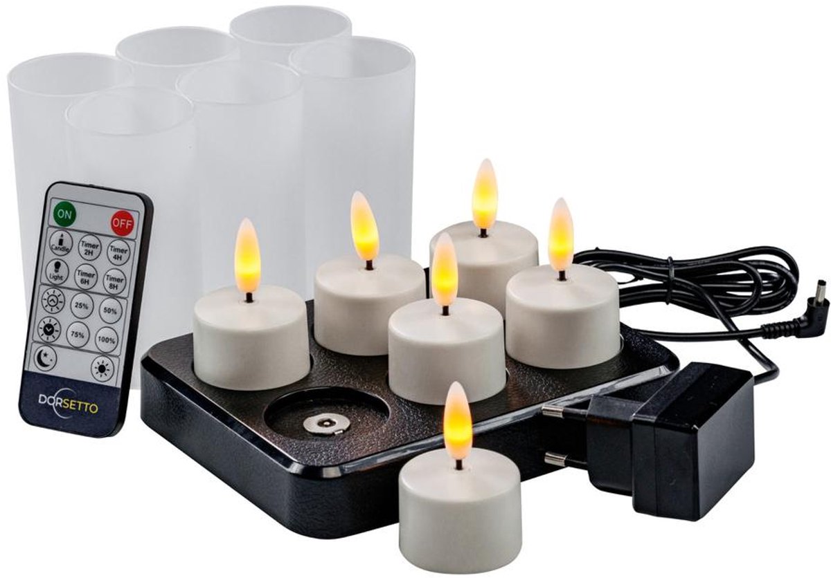 3D oplaadbare LED-thee/waxinlichtjes tot 400 uur - met Afstandsbediening – 6 stuks – timerfunctie