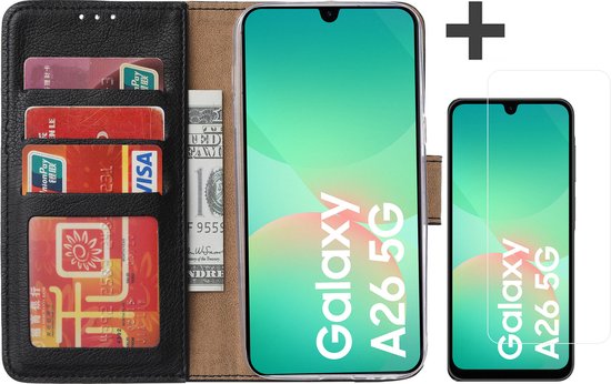 Étui avec protection d'écran pour Samsung Galaxy A26 – Étui Arara avec porte-cartes – Zwart
