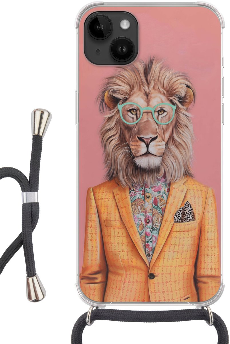 Telefoonhoesje Geschikt voor Apple Iphone 14 Max - Leeuw - Pak - Geruit - Bril - Siliconen - Crossbody - Backcover met Koord - Telefoonhoesje met koord - Hoesje met touw Telefoonhoesje