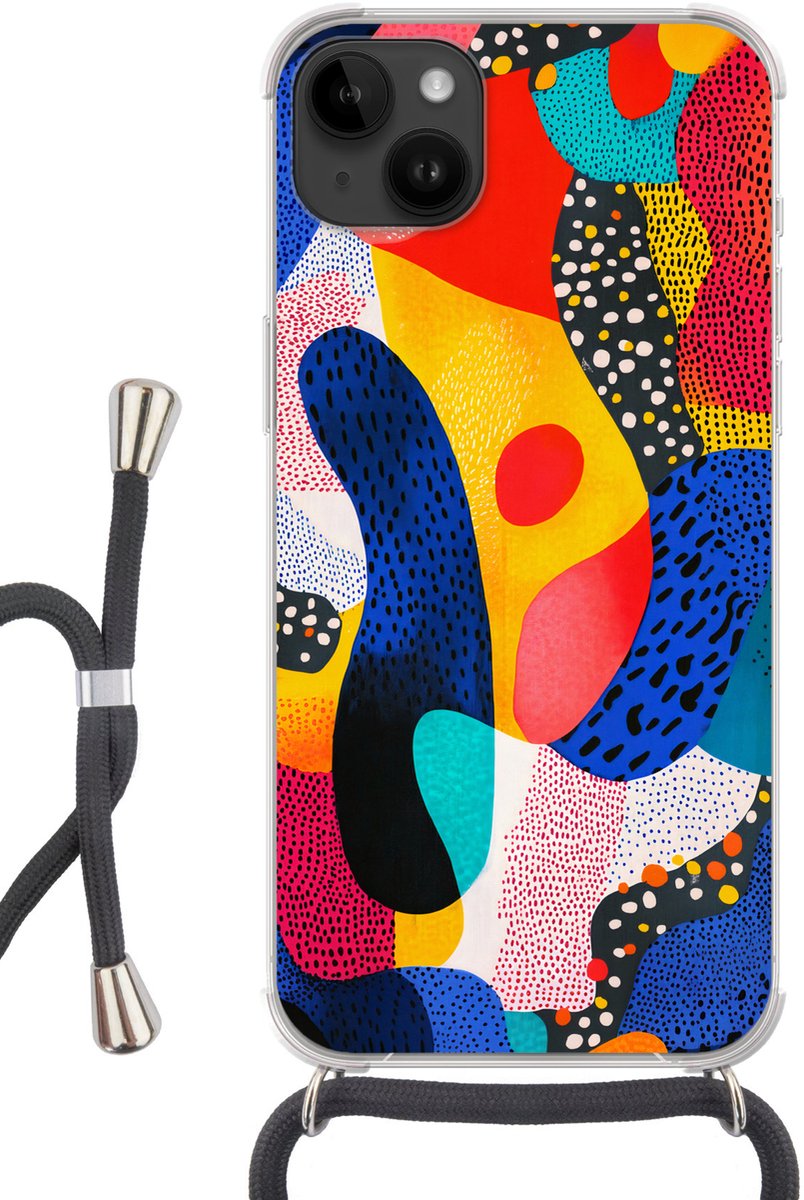 Telefoonhoesje Geschikt voor Apple Iphone 14 Max - Vormen - Abstract - Stippels - Blauw - Siliconen - Crossbody - Backcover met Koord - Telefoonhoesje met koord - Hoesje met touw Telefoonhoesje