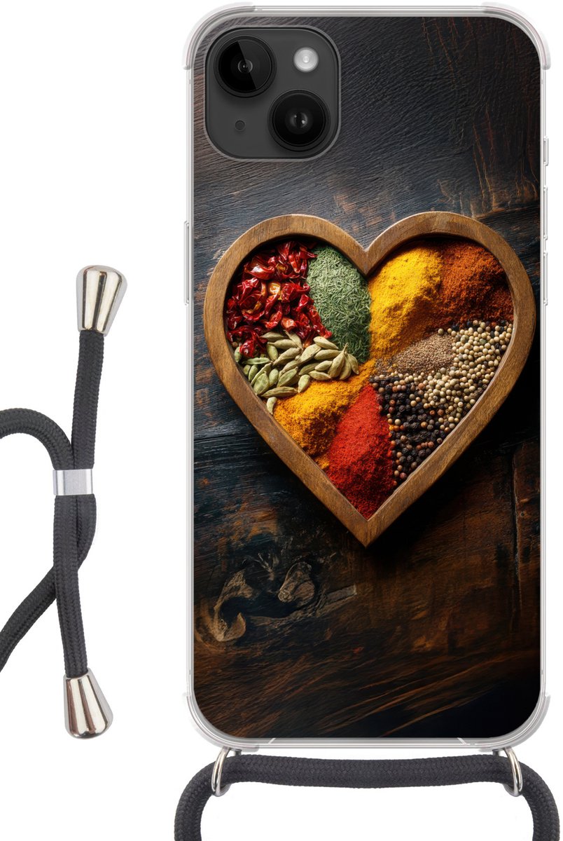 Telefoonhoesje Geschikt voor Apple Iphone 14 Max - Houten - Hart - Kleurrijke - Specerijen - Siliconen - Crossbody - Backcover met Koord - Telefoonhoesje met koord - Hoesje met touw Telefoonhoesje
