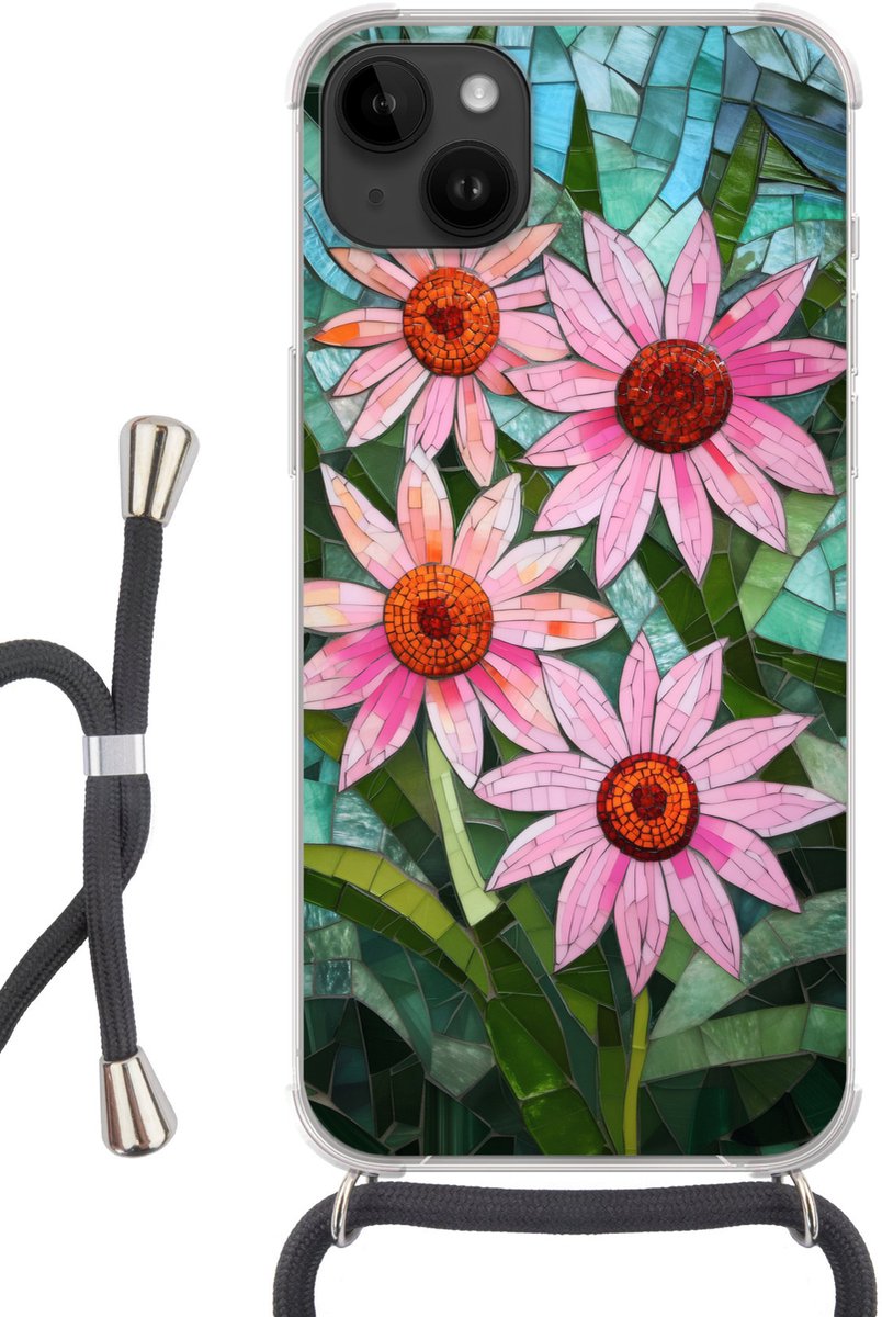 Telefoonhoesje Geschikt voor Apple Iphone 14 Max - Bloemen - Roze - Glasmozaïek - Siliconen - Crossbody - Backcover met Koord - Telefoonhoesje met koord - Hoesje met touw Telefoonhoesje