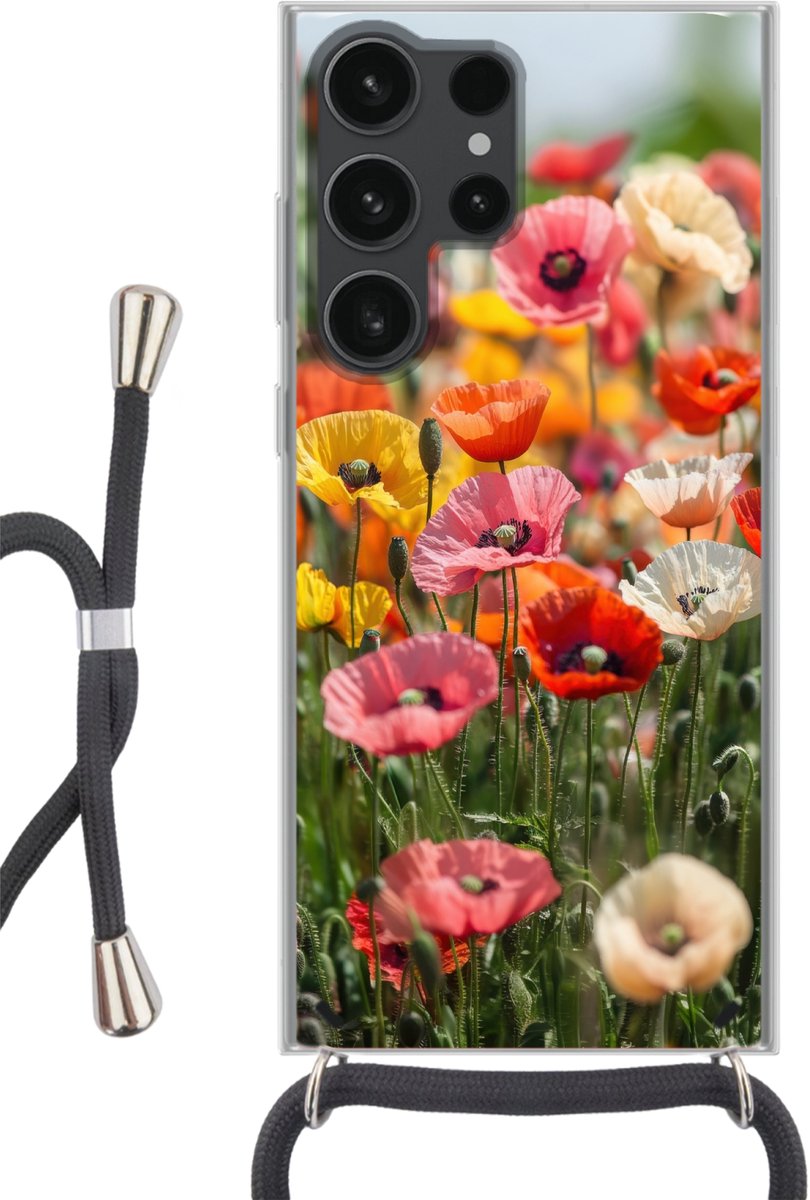 Telefoonhoesje Geschikt voor Samsung Galaxy S23 Ultra - Bloemenveld - Klaprozen - Kleurrijk - Siliconen - Crossbody - Backcover met Koord - Telefoonhoesje met koord - Hoesje met touw Telefoonhoesje