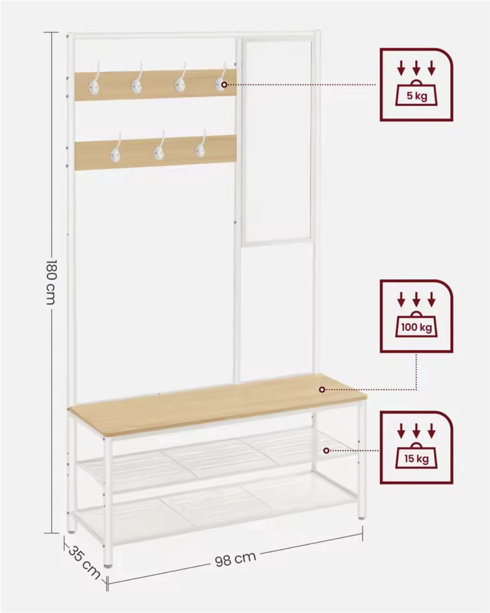 Varnox Kapstok - Kledingrek - Kledingstandaard - Garderobekast - Kapstok met spiegel - Garderoberek - Gangmeubel - Kapstok - Staande kapstok - Vestiairemeubel - Kast - Rek - Planken - 7 Haken - Spiegel - Schoenen rek - Hout en metaal - Wit - Bruin – foto 5