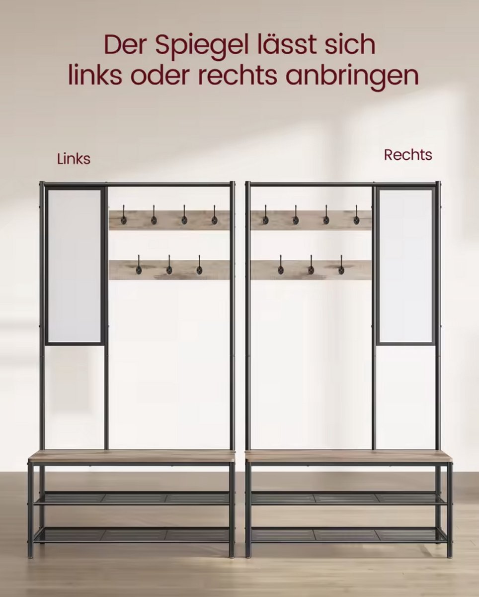 Varnox Kapstok - Kledingrek - Kledingstandaard - Garderobekast - Kapstok met spiegel - Garderoberek - Gangmeubel - Kapstok - Staande kapstok - Vestiairemeubel - Kast - Rek - Planken - 7 Haken - Spiegel - Schoenen rek - Hout en metaal - Zwart - Bruin – foto 4