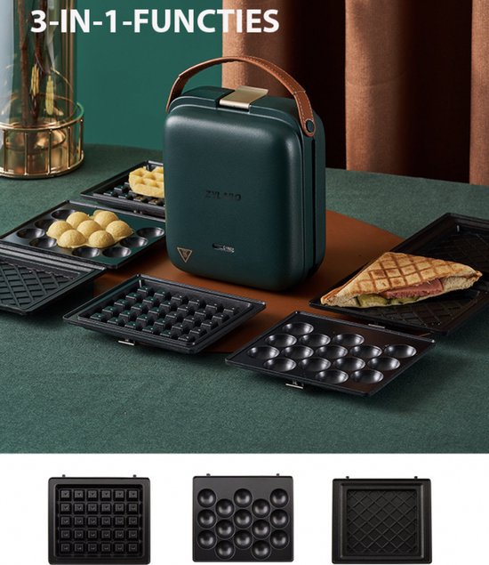 ZYLARO Wafelijzer - 3-in-1 functies - Antiaanbaklaag - Waffle Maker - Mode ontwerp - Tosti-ijzers - Eierwafel machine - smaragdgroen van ZYLARO — afbeelding 2