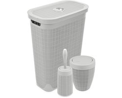 Set 'Hessian' - Wasmand 40 liter - Toiletborstel doseersysteem - Prullenbak swingdeksel - Lichtgrijs