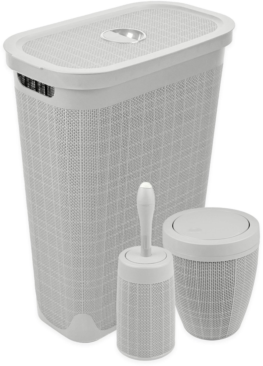 Wasmand 40 liter - Toiletborstel - Badkamerprullenbak - Set 'Hessian' - Lichtgrijs