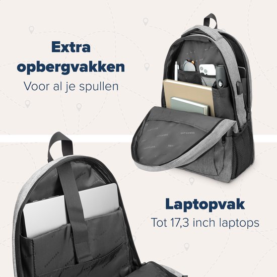 Grijze rugzak met open vakken voor laptop en extra spullen.
