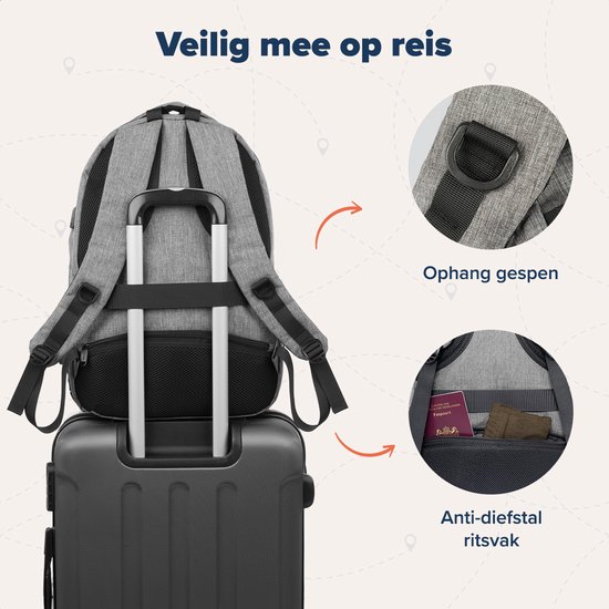 Grijze rugzak met ophang gespen en een anti-diefstal ritsvak. Past op een koffer.