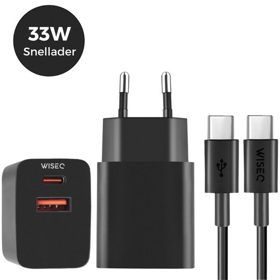 33W Snellader geschikt voor Samsung - USB A en USB C - Oplader voor Samsung - Ook Geschikt Voor Huawei, Oppo, iPhone & MacBooks - 2M Oplaadkabel - WiseQ - Zwart