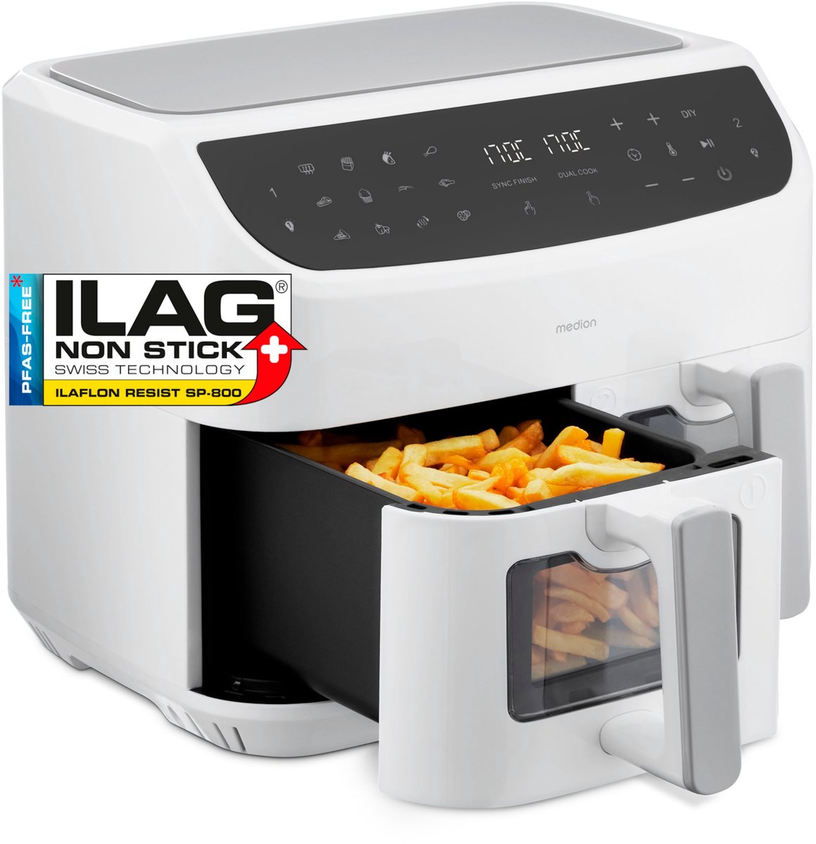 MEDION P20 XXL Dubbele Airfryer (8,7 liter, 2.600 watt, heteluchtfriteuse met 2 kamers, kijkvenster, 9 automatische programma's, 2 lades, Dual Airfryer, Dual Cook & Sync finish functie) wit