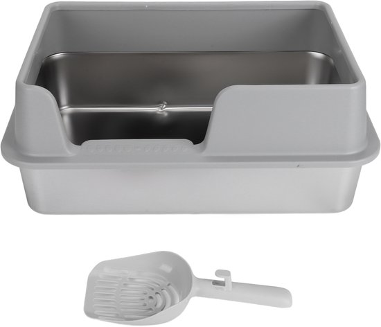 Roestvrijstalen Kattenbak – Open Kattenbak met Hoge Rand – Anti-Spat & Hygiënisch Katten Toilet – Makkelijk Schoon te Maken – Geschikt voor Grote Katten & Kittens – Halfdichte Kattenbak 50x35x20cm met Kattenbakschep