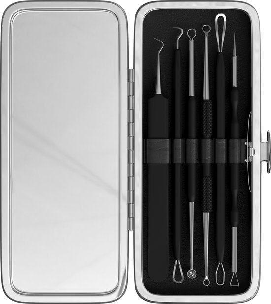 Fritzline© - Dissolvant de points noirs en acier inoxydable - Dissolvant de points noirs - Set de suppression d'acné - Dissolvant de points noirs - Y compris miroir et pochette noire de Luxe