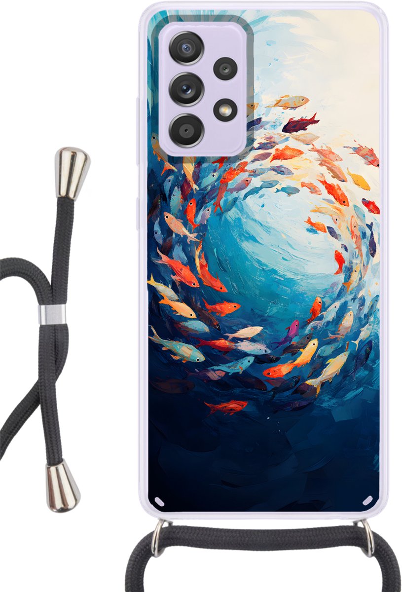 Telefoonhoesje Geschikt voor Samsung Galaxy A53 5G - Zee - Vissen - Kleurrijk - Dynamisch - Siliconen - Crossbody - Backcover met Koord - Telefoonhoesje met koord - Hoesje met touw Telefoonhoesje