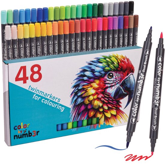 Color by Numb3r Lot de 48 Marqueurs doubles pour Adultes | Convient pour colorier sur les Albums à colorier Numm3r | Marqueurs à base d'eau | Stiften Kinderen | Couleurs par nombre | Marqueurs à Dual pointe | Surligneurs