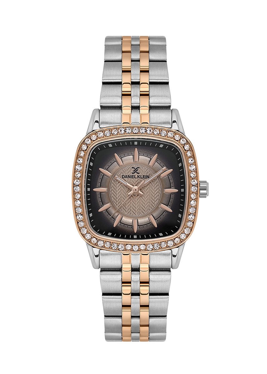 Daniel Klein DK.1.13944-6 - Horloge - Polshorloge - Analoog - Dames - Vrouwen - Stalen band - Afgerond vierkant - Metaal - Streepjes - Briljante Rosékleurig - Zwart