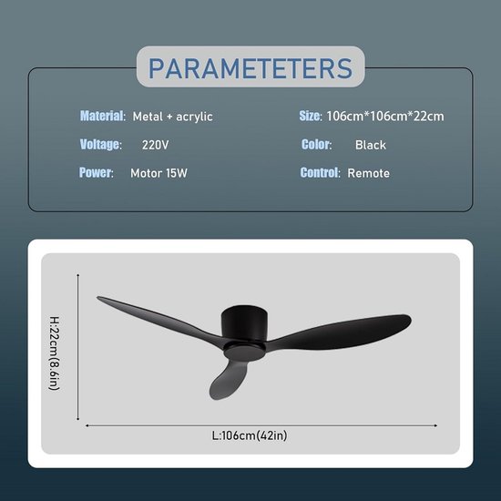 UNIVERSALBLUE Plafondventilator met licht en intrekbare vleugels, kabelparasol, stille ventilator met gelijkstroommotor, 3 lichtmodi, 6 snelheden
