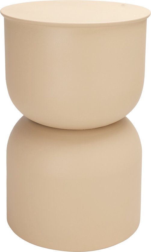 Table d'appoint beige en métal, composée de deux formes organiques et rondes empilées.
