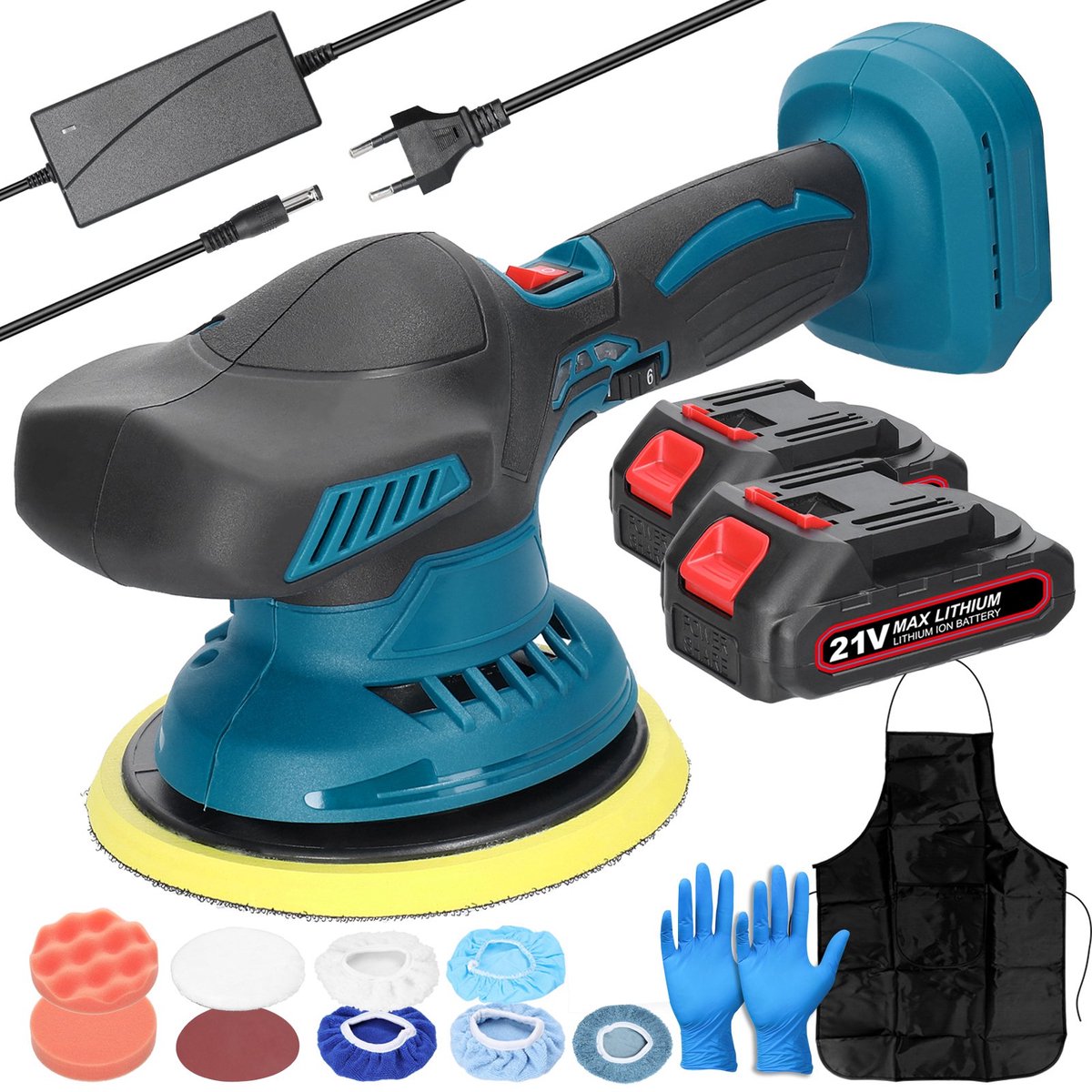 21V Draadloze Polijstmachine met 2 Accu's – 6 Snelheden – 150mm Schijf – Autopoetsmachine, Waxen & Schuren – Incl. Accessoires – 220V EU Stekker