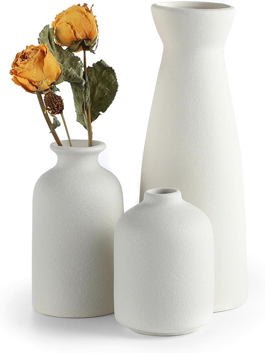 JGS Premium - Set van 3 zwarte keramische bloemenvazen voor moderne rustieke huisdecoratie met pampasgras idee plank (wit) Any