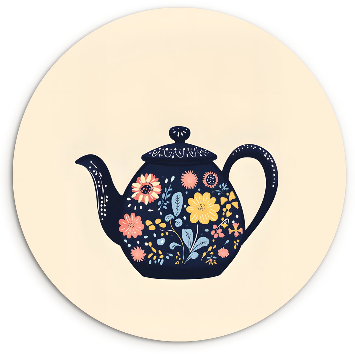 WallCircle Wandcirkel 150x150 cm - Muurcirkel Theepot - Kleurrijk - Bloemen - Muurdecoratie woonkamer - Wanddecoratie slaapkamer - Kamer decoratie accessoires - Ronde schilderijen Theepot - Bloemen