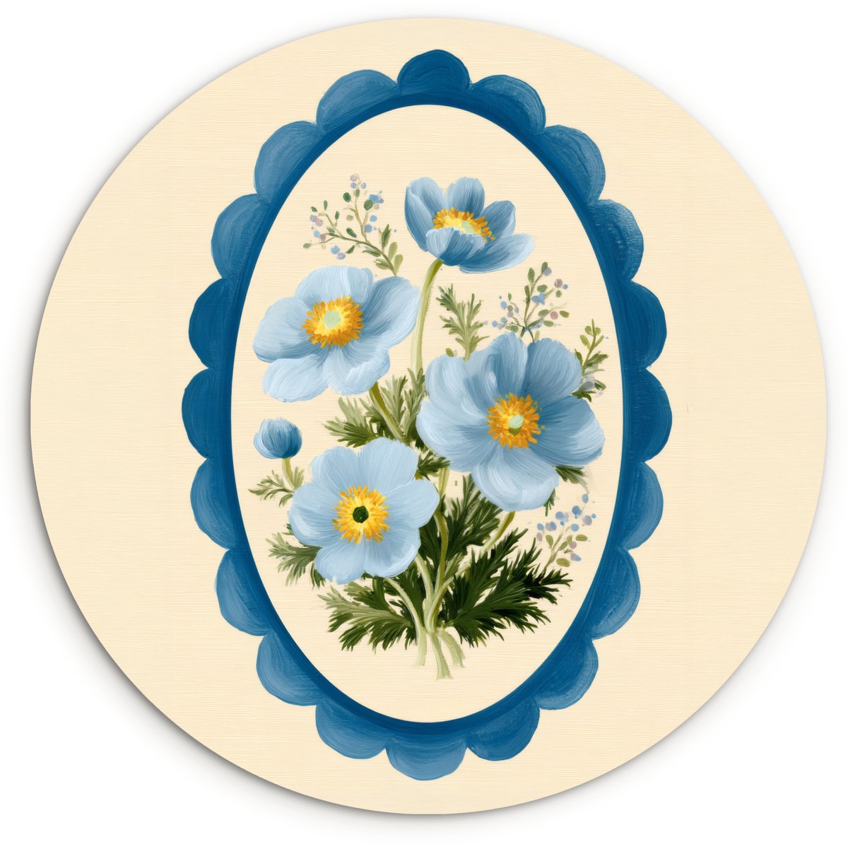 WallCircle Wandcirkel 30x30 cm - Muurcirkel Lijst - Bloemen - Lichtblauw - Illustratie - Muurdecoratie woonkamer - Wanddecoratie slaapkamer - Kamer decoratie accessoires - Ronde schilderijen Boemen - Illustratie