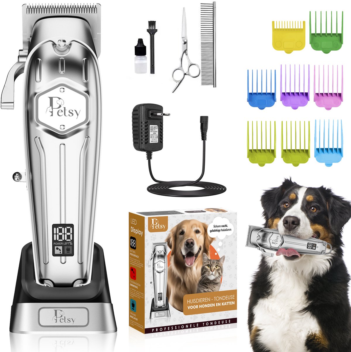 Petsy Professionele Hondentondeuse - 2-in-1 Dieren tondeuse voor Dikke Vacht - Stil - Scheerapparaat voor Honden en Katten - Honden Trimmer - Inclusief Oplaadstation