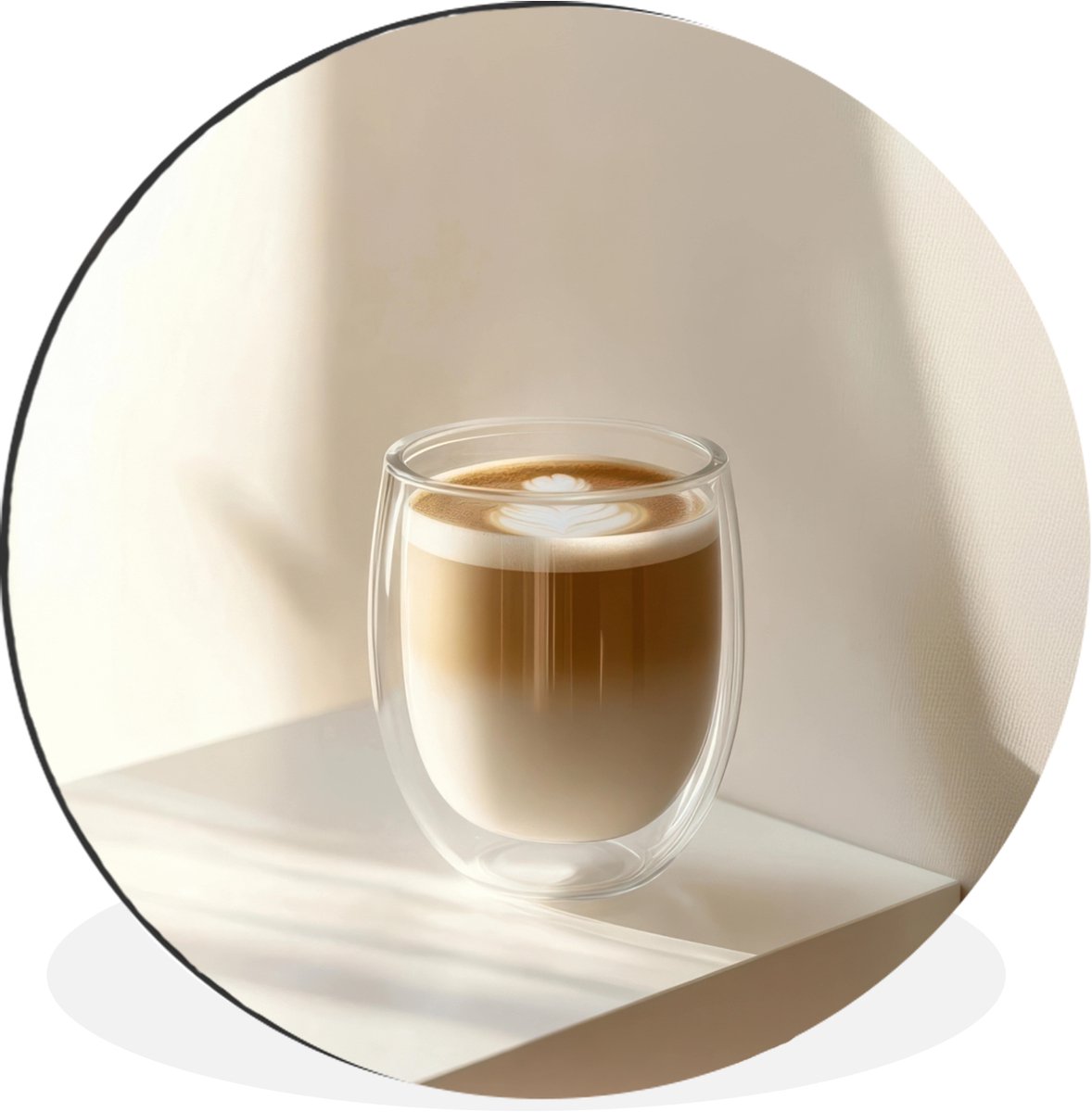 WallCircle Wandcirkel - Muurcirkel - Mok - Latte - Minimalistisch - Schaduw - Aluminium - Dibond - 60x60 cm - Binnen en Buiten Glas - Latte