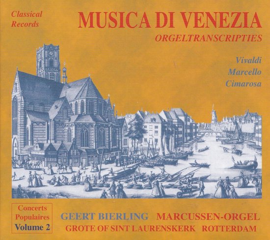 Boekcover: "MUSICA DI VENEZIA ORGELTRANSCRIPTIES". Een blauwe gravure van een historische stad met kanaal, boten en mensen. Gele achtergrond.
