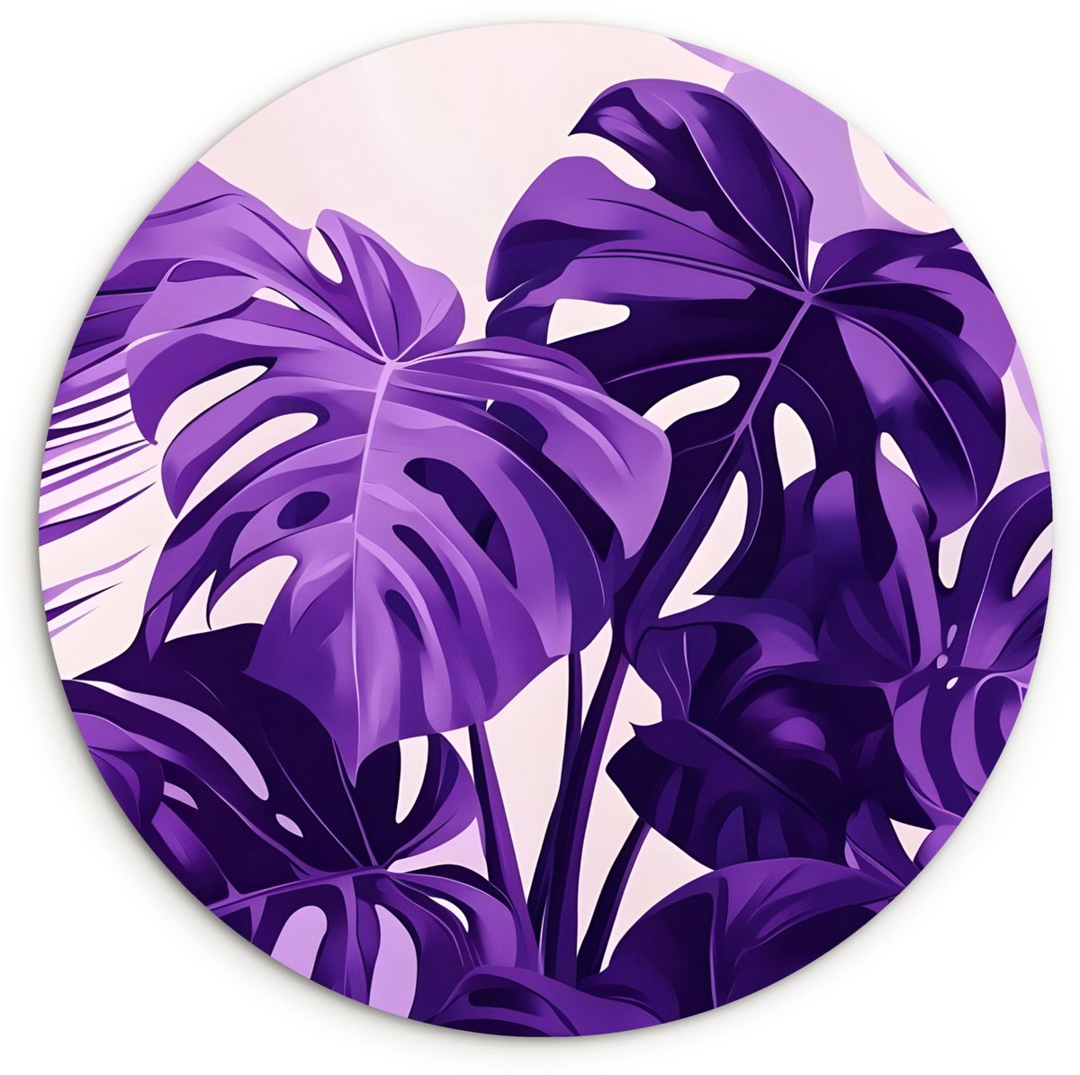 WallCircle Wandcirkel 140x140 cm - Muurcirkel Bladeren - Paars - Tropisch - Abstract - Muurdecoratie woonkamer - Wanddecoratie slaapkamer - Kamer decoratie accessoires - Ronde schilderijen