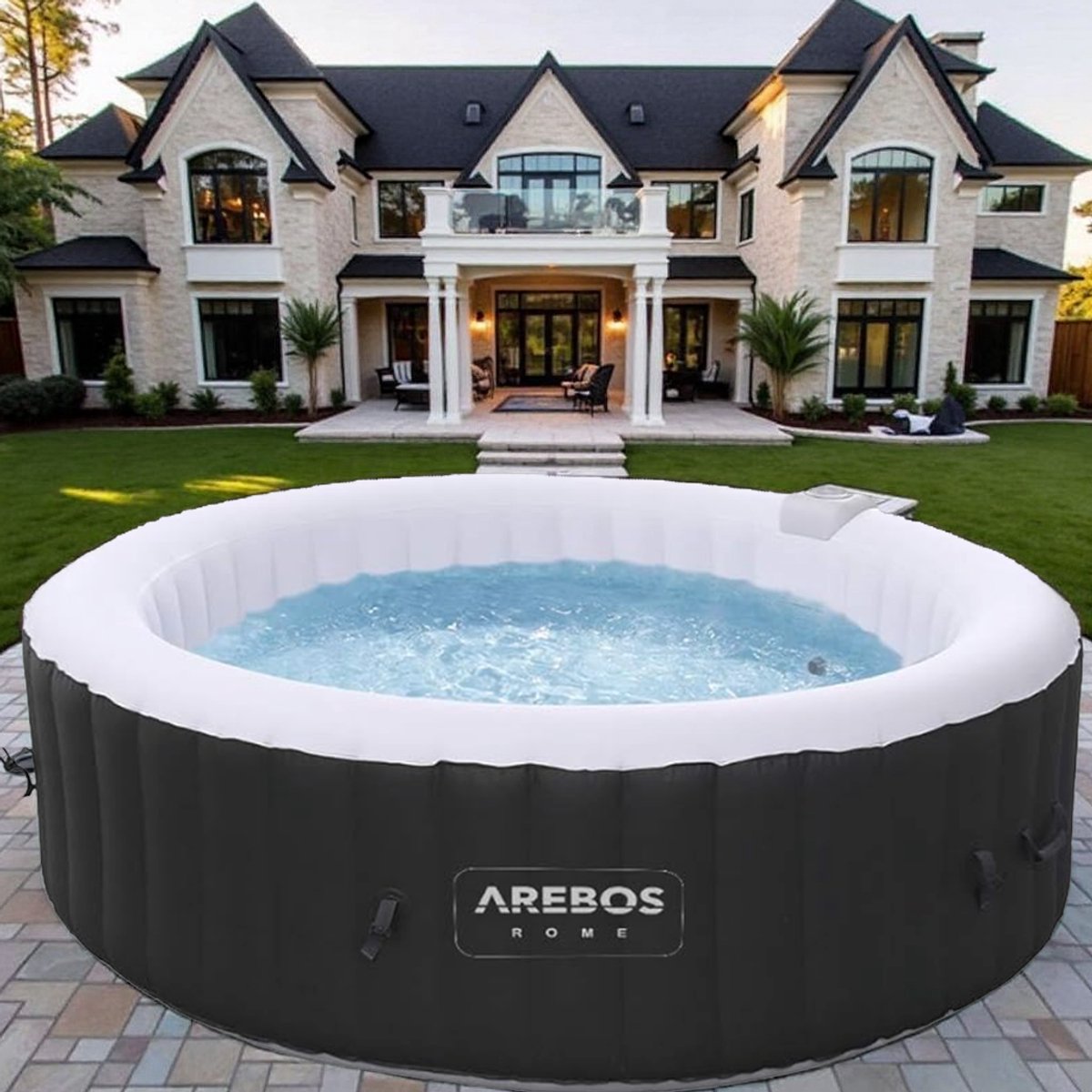 Luxe Opblaasbare Jacuzzi – 6-Persoons Bubbelbad – Ø208 cm – 130 Massagejets – 1000L – 40°C Verwarmd – Opblaasbare Spa voor Binnen & Buiten – Met Filter, LED Display & Accessoires – Zwart – PVC