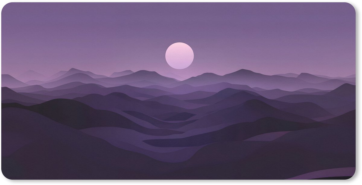 Muismat XXL 120x60 cm - Bureau onderlegger - Bureau mat Heuvels - Paars - Mist - Zon - Bureaumat - Gaming mousepad xl - Bureaulegger groot - Computer deskmat