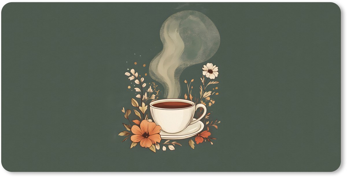 Muismat XXL 80x40 cm - Bureau onderlegger - Bureau mat Kop - Bloemen - Groen - Koffie - Bureaumat - Gaming mousepad xl - Bureaulegger groot - Computer deskmat