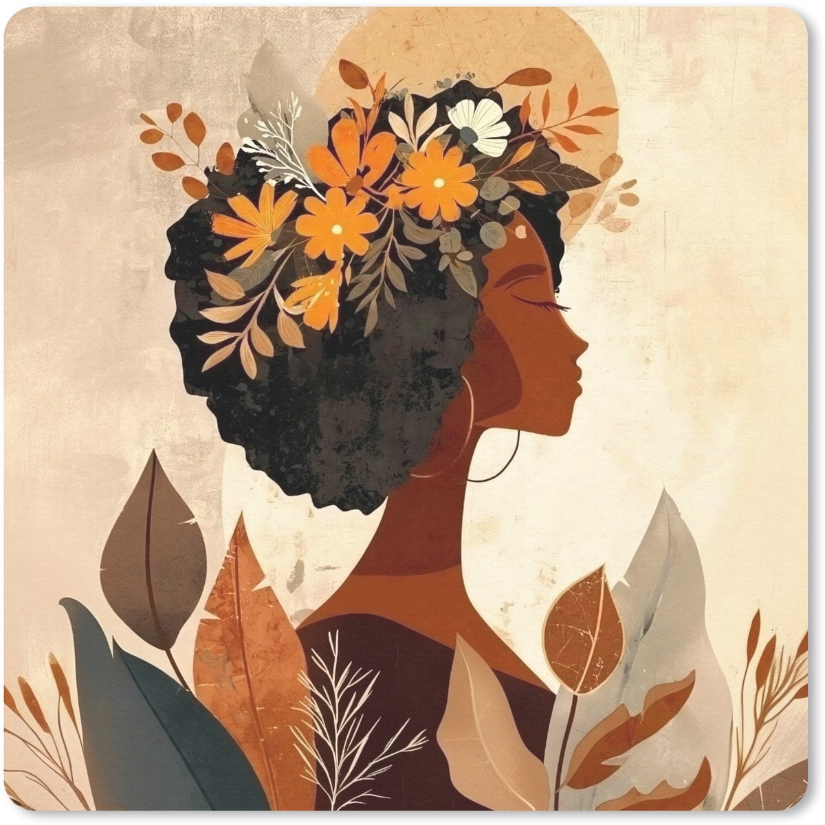 Muismat 30x30 cm - Mousepad Vrouw - Krullen - Bloemen - Beige - Muismatten