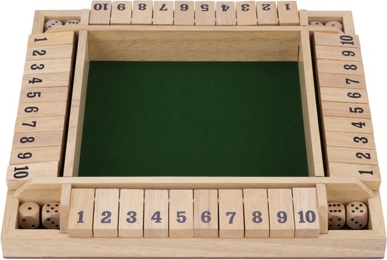 Shut the Box – 4 Spelers – Rubberhouten Bak met Ingelegd Vilt – Inclusief 8 Houten Dobbelstenen – Bordspel 29 x 29 x 3,5 cm – Strategisch Familiespel – Engelhart