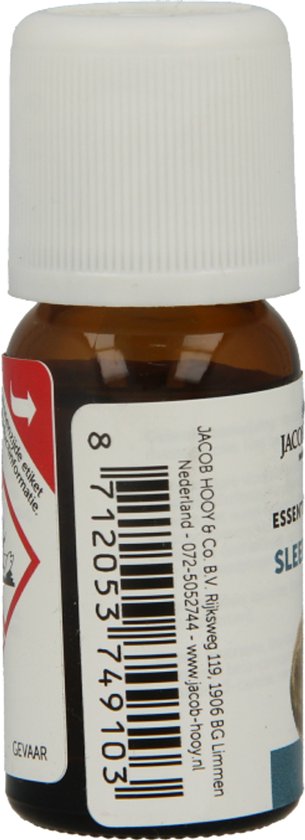Bruine fles met witte dop, etiket met waarschuwingssymbolen en barcode.