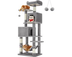 Hoppa! Kattenboom - Krabpaal - 50 x 41 x 156 cm (L x B x H), kattenboom met 5 krabzuilen, 2 platforms, 2 kattenholletjes, hangmat, 2 pluche ballen, pluche, design met meerdere verdiepingen, lichtgrijs