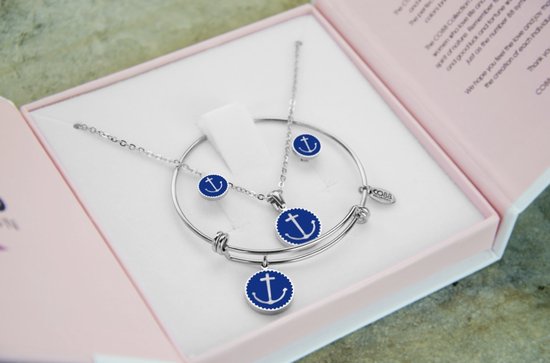 CO88 Collection Gift Set 8CO-SET009 Sieraden Geschenkset - Armband, Collier en Oorknoppen met Anker - Zilverkleurig / Blauw