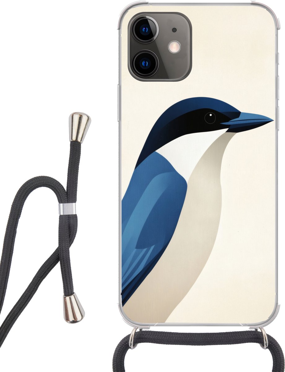 Telefoonhoesje Geschikt voor iPhone 12 - Illustratie - Blauw - Vogel - Siliconen - Crossbody - Backcover met Koord - Telefoonhoesje met koord - Hoesje met touw Telefoonhoesje