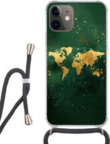 Étui de téléphone Convient pour iPhone 11 - Wereldkaart - Vert - Goud - Siliconen - Crossbody - Backcover avec Cordon - Étui de téléphone avec cordon - Étui avec corde Étui de téléphone