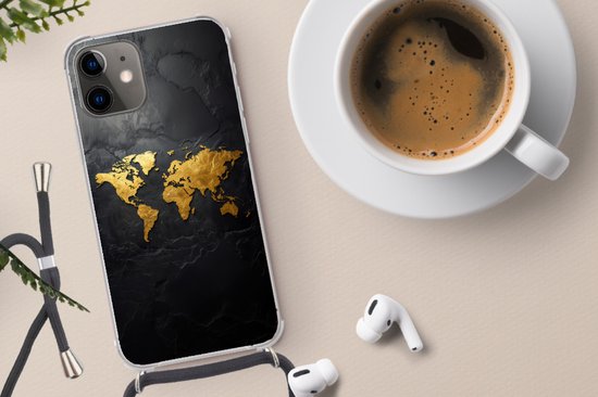Étui de téléphone Convient pour iPhone 11 - Wereldkaart - Goud - Pierre - Siliconen - Cross - Coque arrière avec Cordon - Étui de téléphone avec cordon - Étui avec corde Étui de téléphone