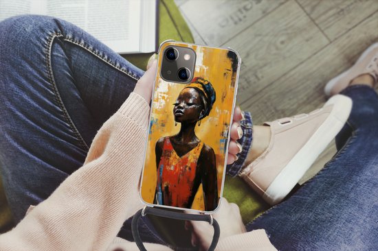 Telefoonhoesje Geschikt voor iPhone 13 Mini - Vrouw - Ogen - Penseelstreken - Geel - Siliconen - Crossbody - Backcover met Koord - Telefoonhoesje met koord - Hoesje met touw Telefoonhoesje
