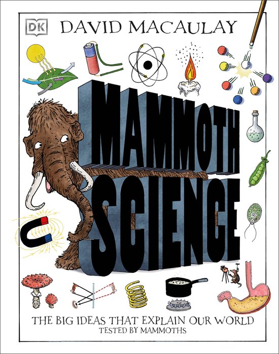 Couverture du livre 'Mammoth Science' avec un mammouth, un fer à cheval, une batterie, un atome et le texte 'Mammoth Science'.