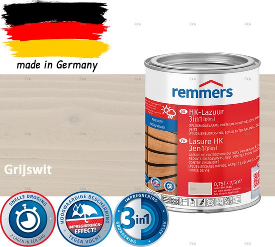 Remmers HK Lazuur 3-in-1 [plus] Grijswit - Premium Houtbeits voor Buiten | Transparant, Sneldrogend, Oplosmiddelarm | 0,75Liter